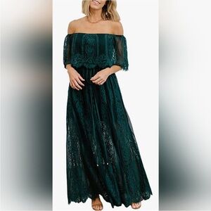Baltic Born‎ Leon Off Shoulder Dress Womens Large Forest Green Lace Maxi NWT